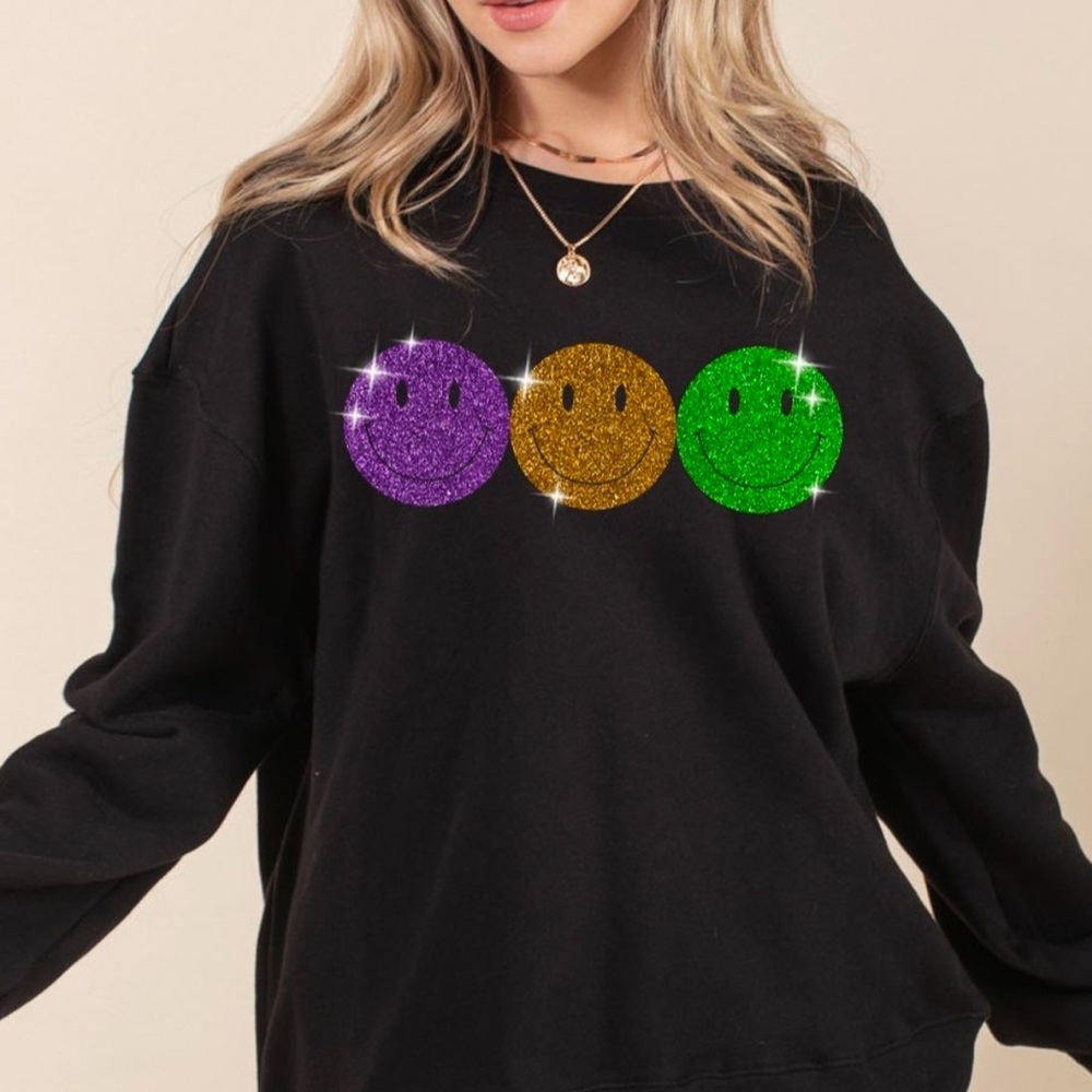 Black Mardi Gras Sweat Shirt with Glitter Smiley Face Accent, Size: Large - Picture 1 of 7